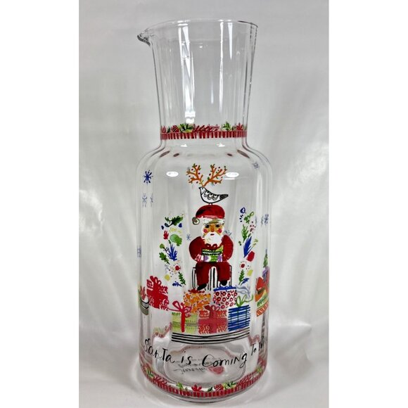 Jennifer Orkin Lewis Anthropologie Pitcher Carafe Christmas Clear Glass Painted - Picture 1 of 11